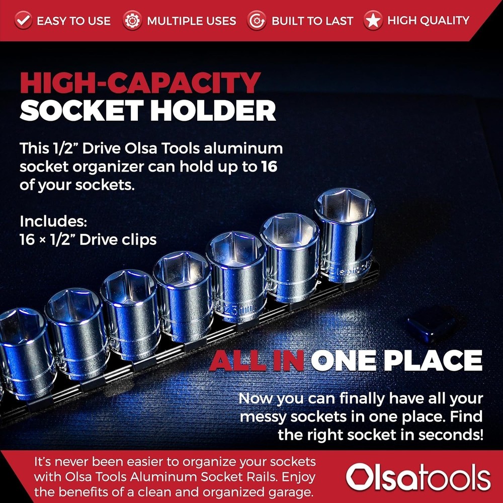 Professional Grade 1/2-Inch Drive Socket Organizer Rail - 16 Socket Holder