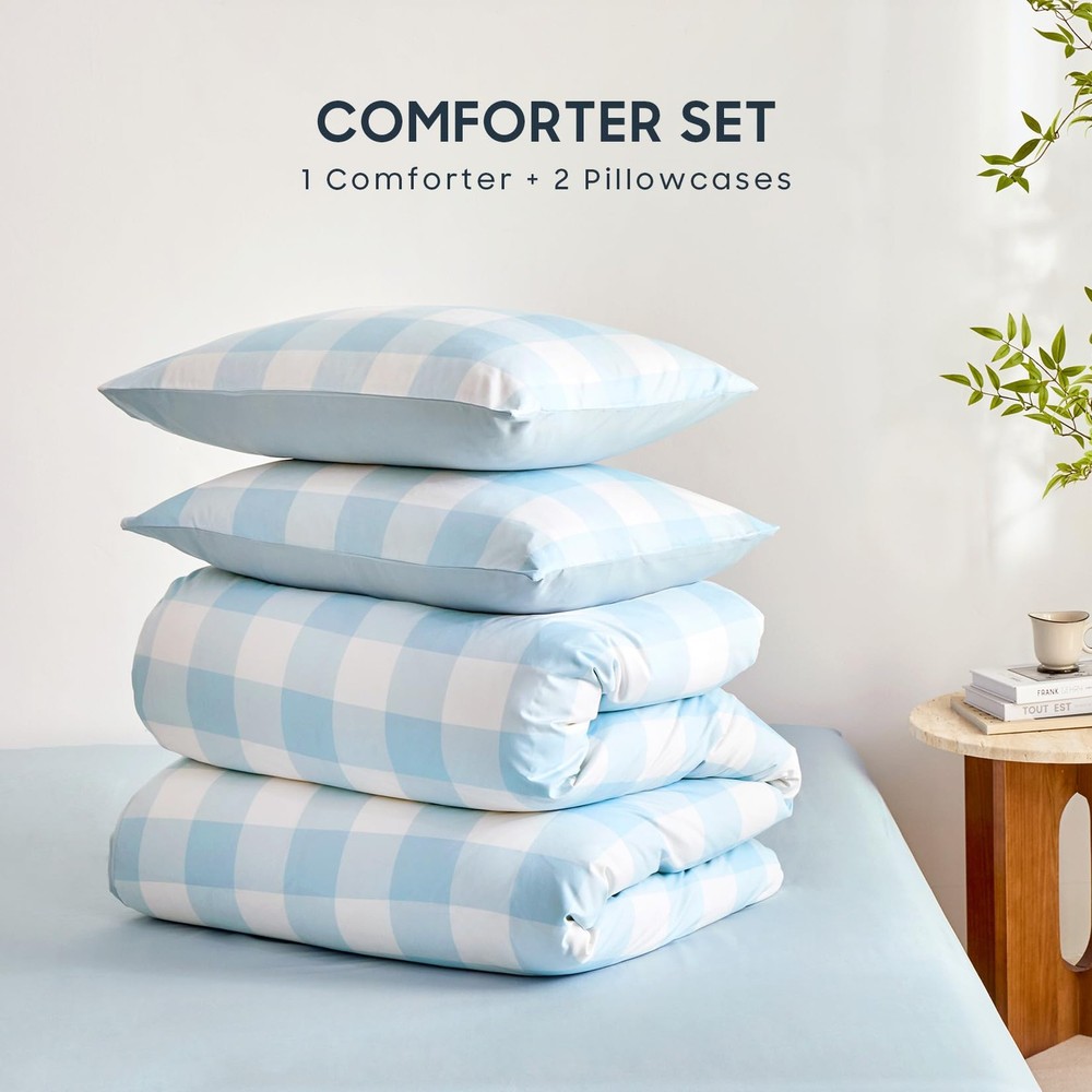 Wake In Cloud - Gingham Comforter Set, Plaid Buffalo Full, Light Blue White