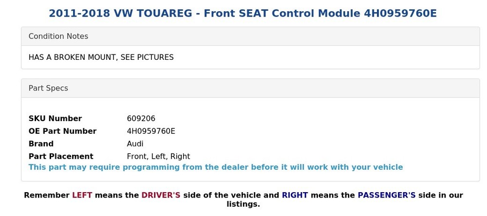 2011-2018 VW TOUAREG - Front SEAT Control Module 4H0959760E