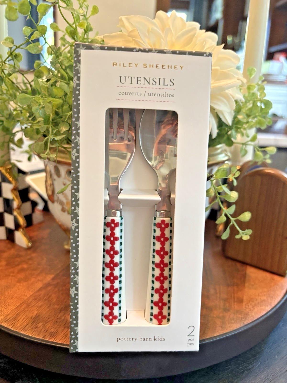 Pottery Barn holiday Christmas party school kid Red Green utensil set TRAVEL new