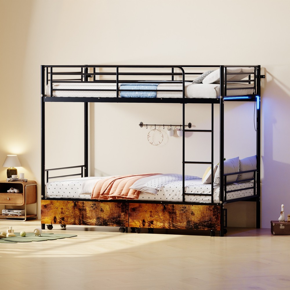 Bunk Bed with USB Charging Station, Able to Split, Metal Bunk Bed, Storage Spa