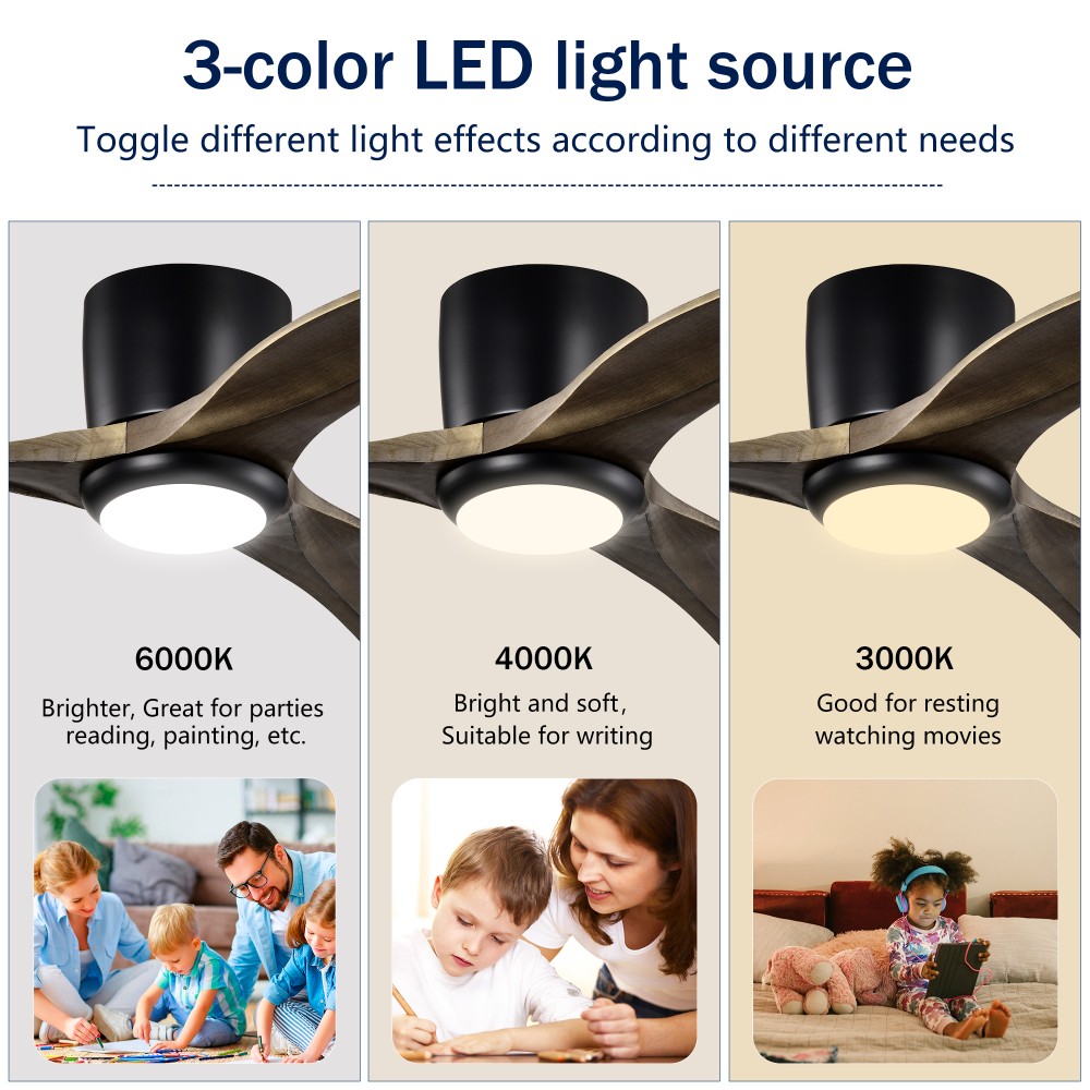 52" Flush Mount Ceiling Fan with Light Remote, Quiet DC Motor, Reversible