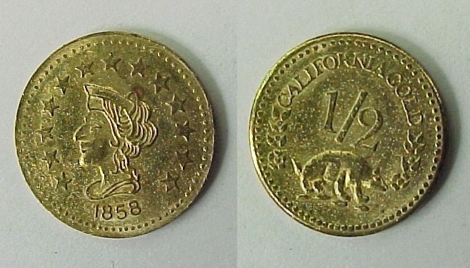 1858 Liberty Head Round Cal California Gold  Token Half Dollar Size AU