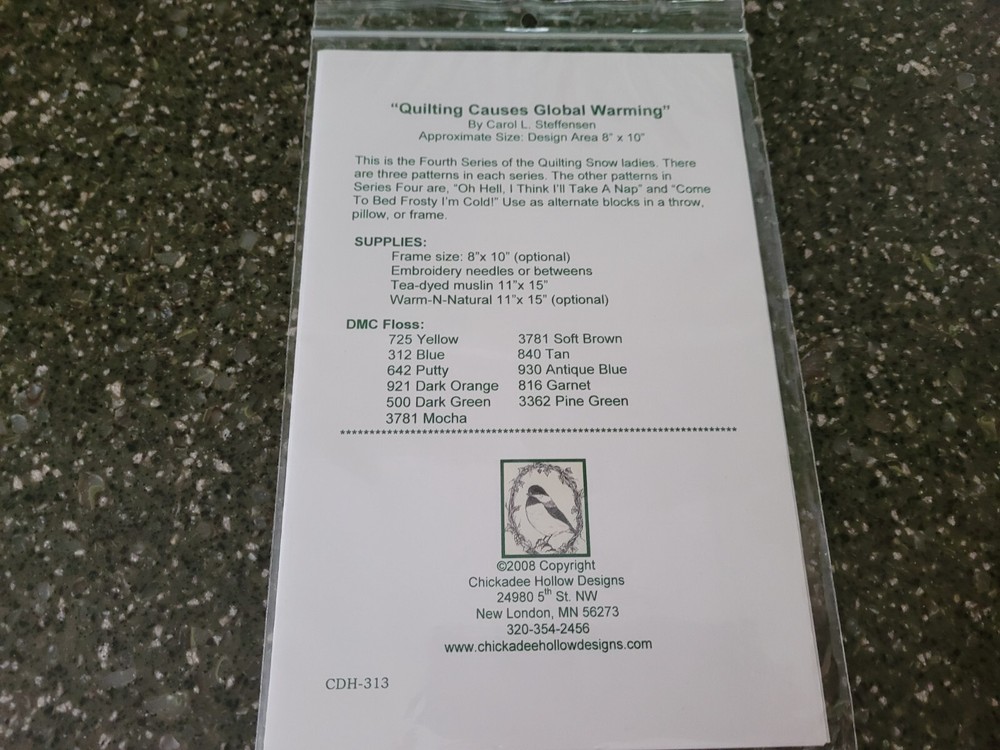 Quilting Causes Global Warming Themed Embroidery Pattern Chickadee Hollow