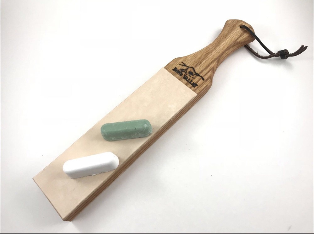 Large 14” Double Sided Oak Leather Sharpening Strop Block w/ Handle & Compound