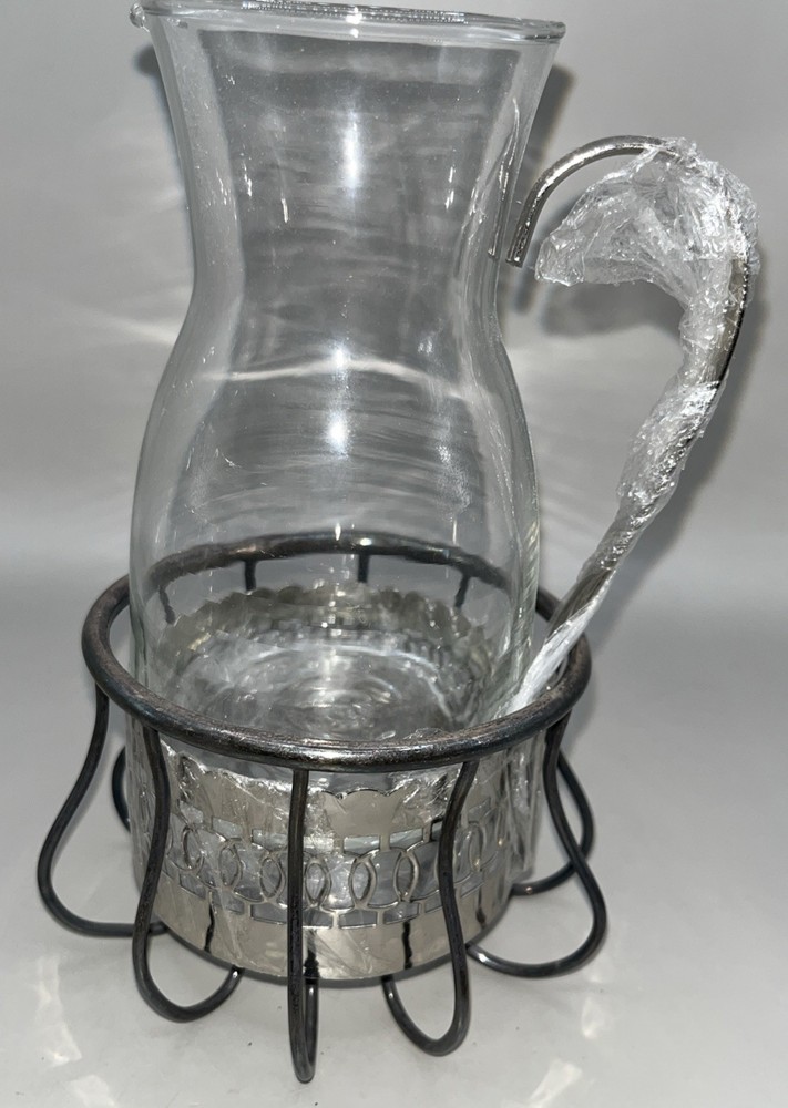 New French Duralex Glass Carafe Silver Plated In Metal Holder