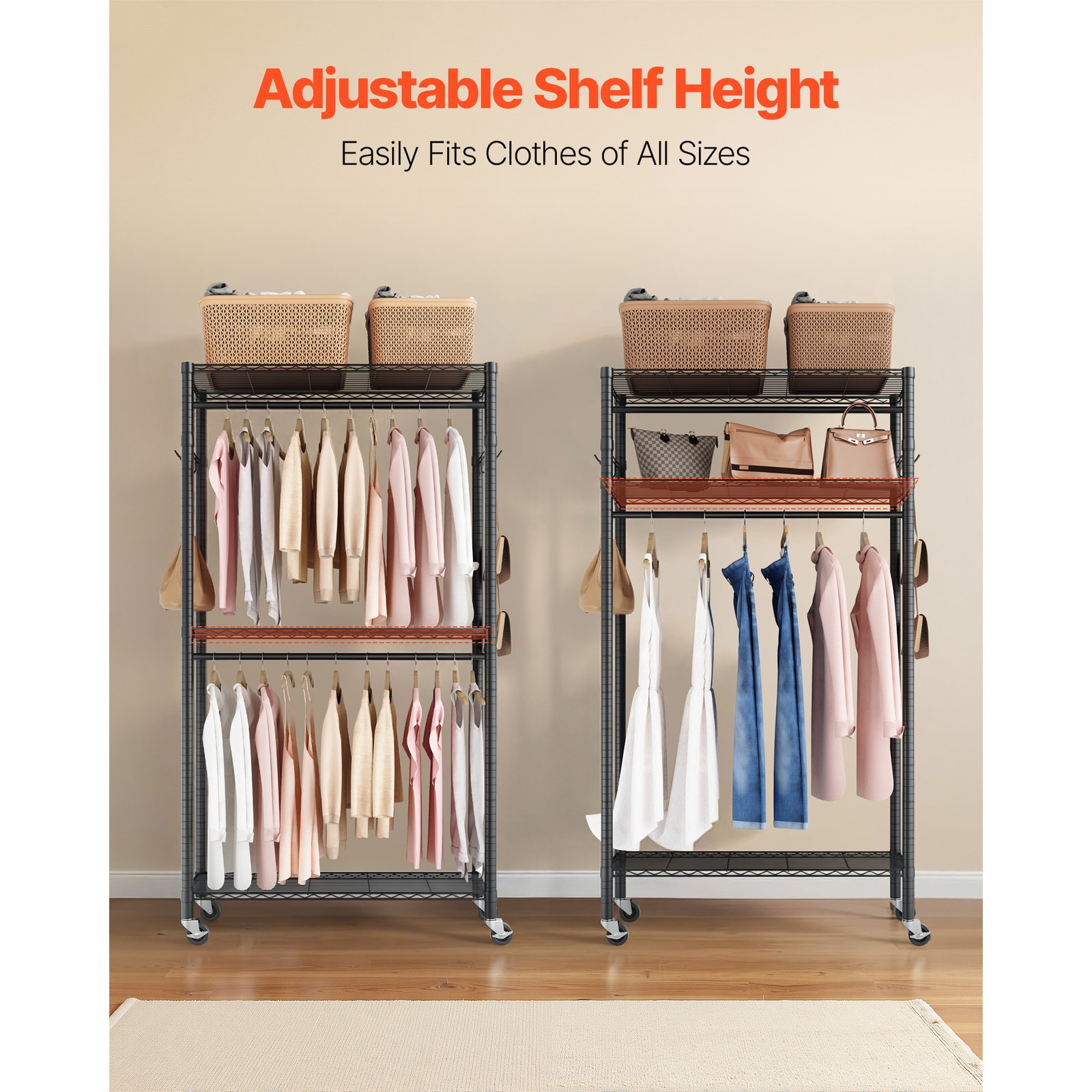 Uimoso Adjustable 3-Tier Rolling Garment Rack for Clothing Storage, Black