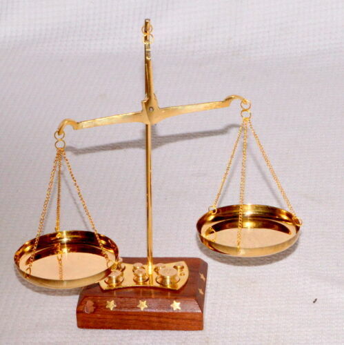 Solid Brass / Wood Small Weighing Scale With Some Weights Great Collectable