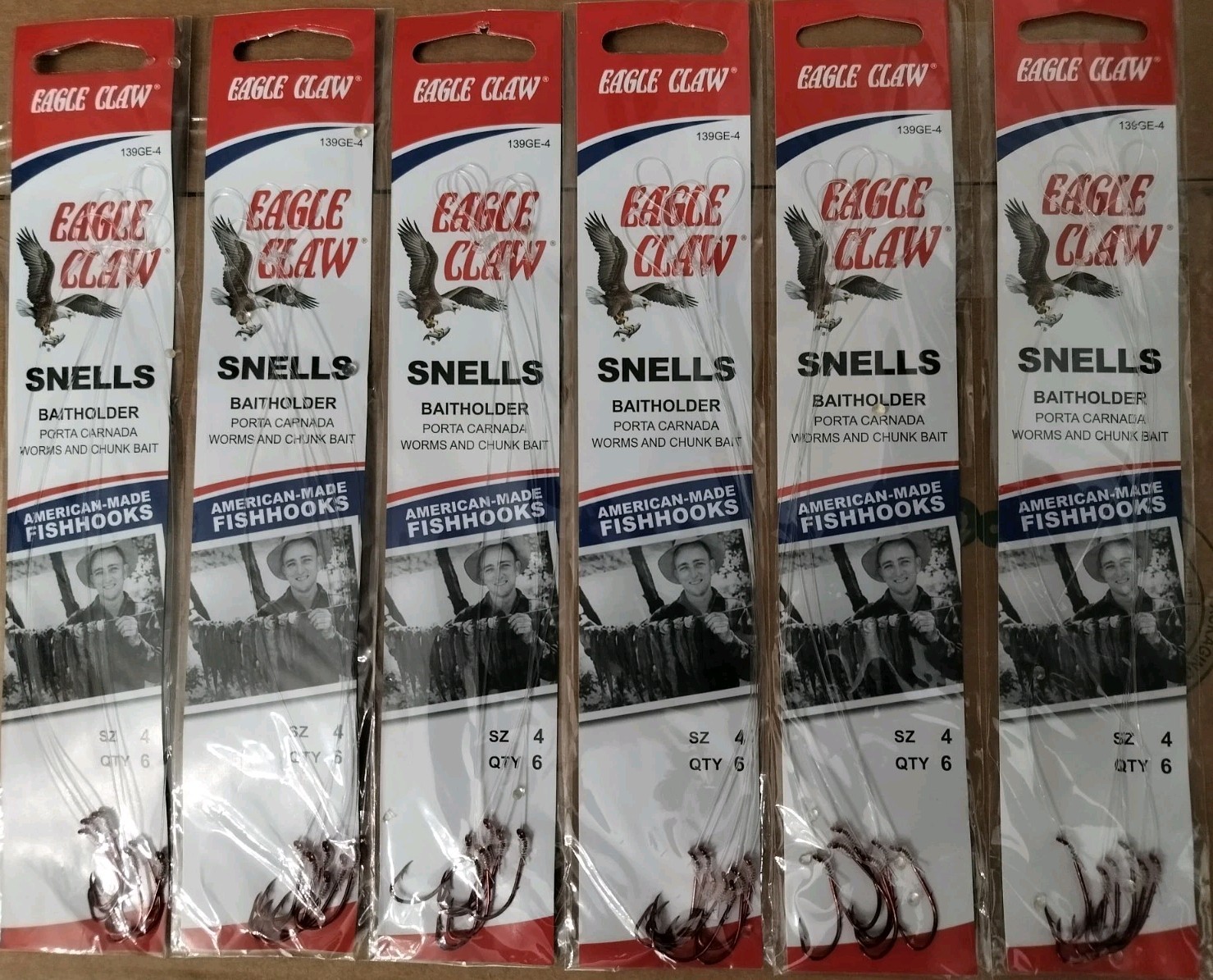 Eagle Claw Snells Size 4 Bait Holder Baitholder Fishing Hooks 6 Packs / 36 Hooks