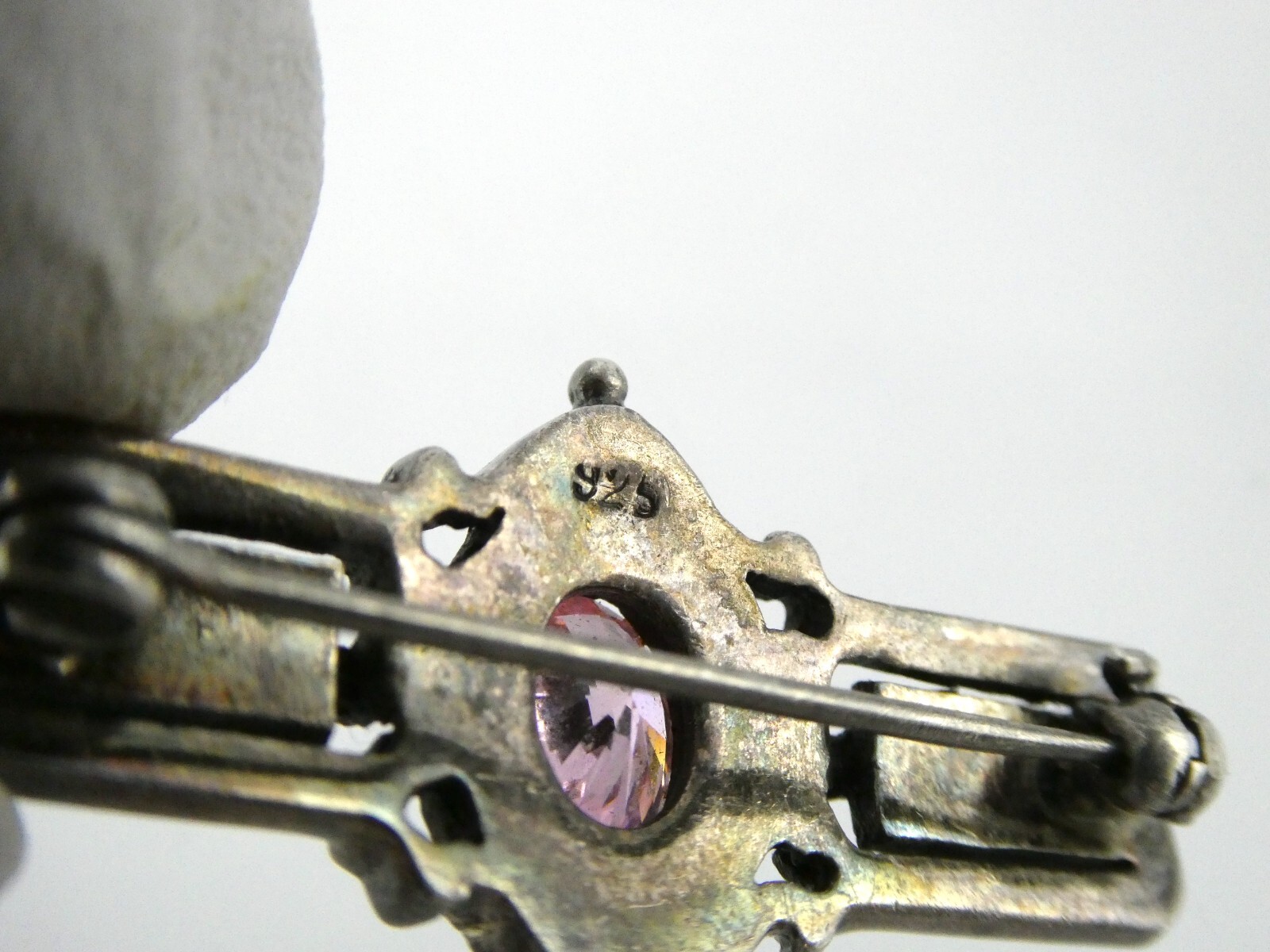 Sterling Silver Pink CZ and Marcasite Studded Bar Brooch Pin 925 6.7g 1.5 Inches