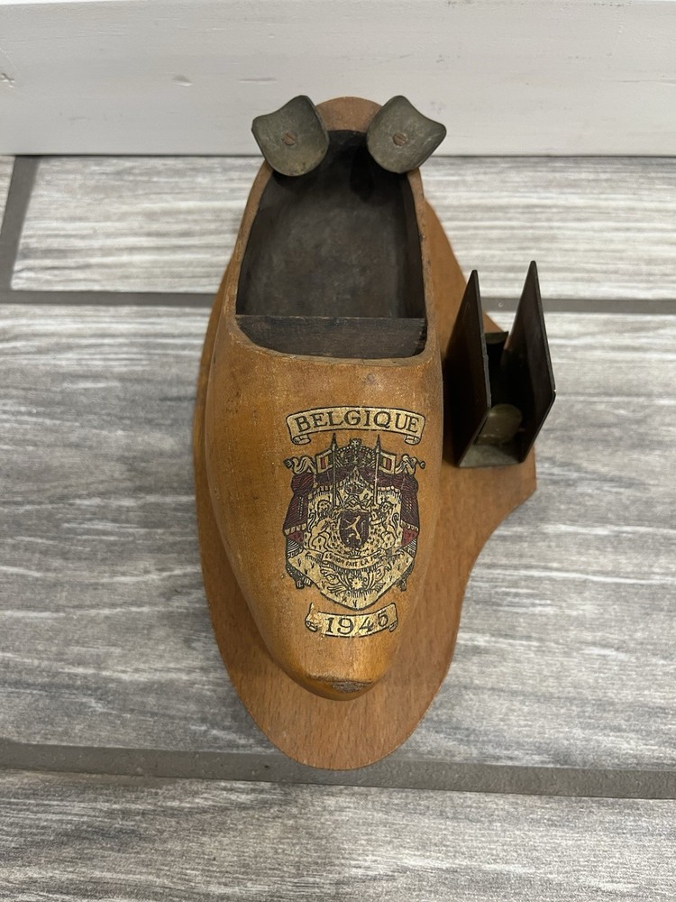 WWII US Army Souvenir Ashtray Belgium 1945 Wooden Clog Match Holder Brussels