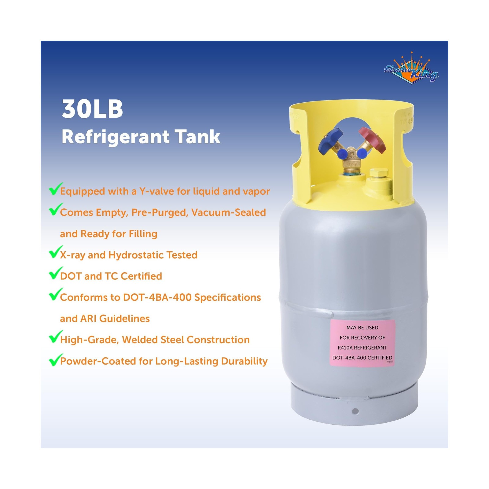 Flame King 30-LB Pound Refrigerant Recovery Cylinder Tank, Y-Valve for Liquid...