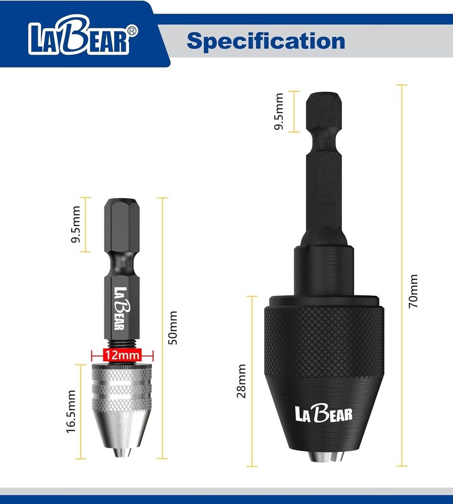LABEAR - Drill Chuck Keyless Mini Adapter ¼ Inch Hex Shank
