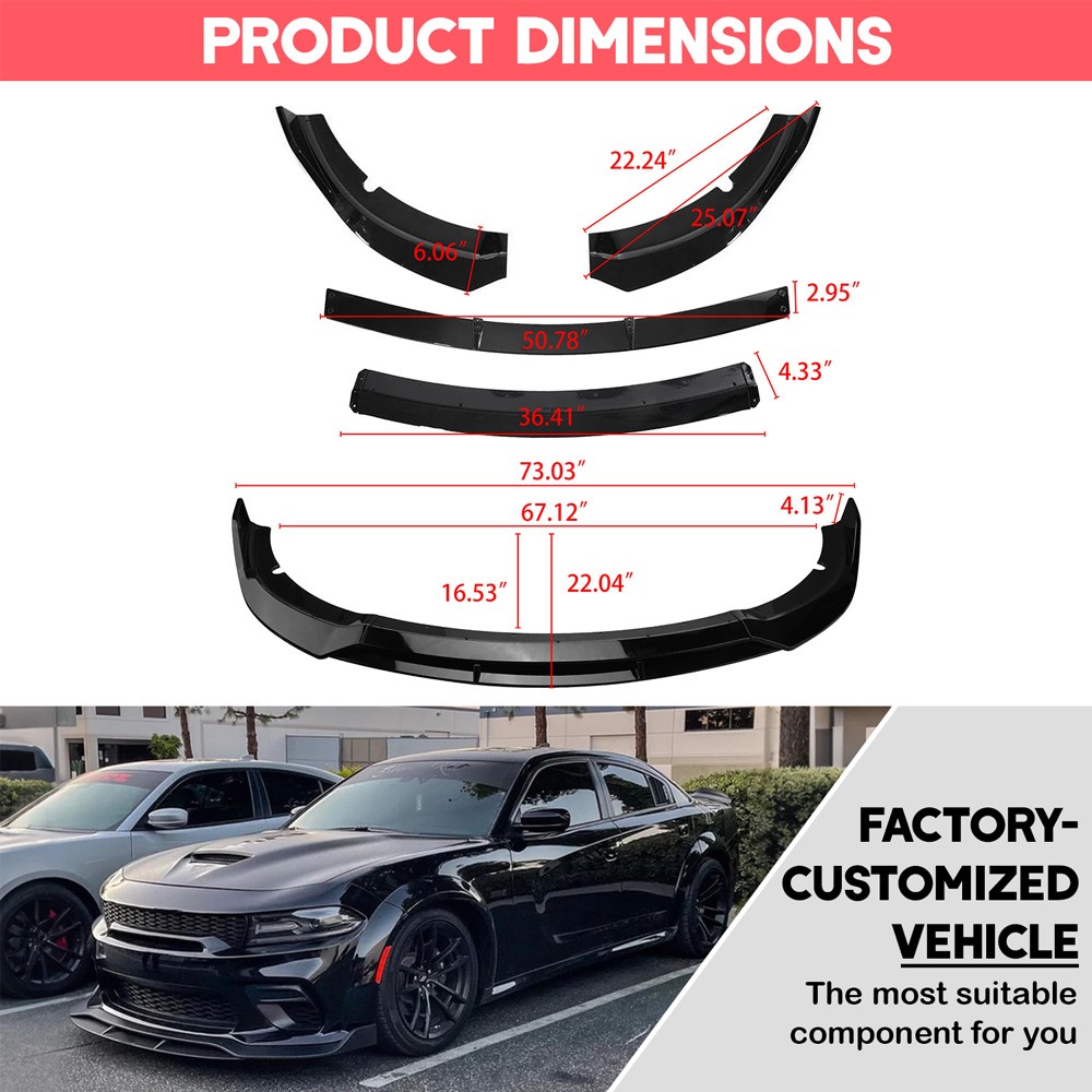 For Dodge Charger SRT 2015-2023 V2 Style Glossy Black Front Bumper Lip Splitter