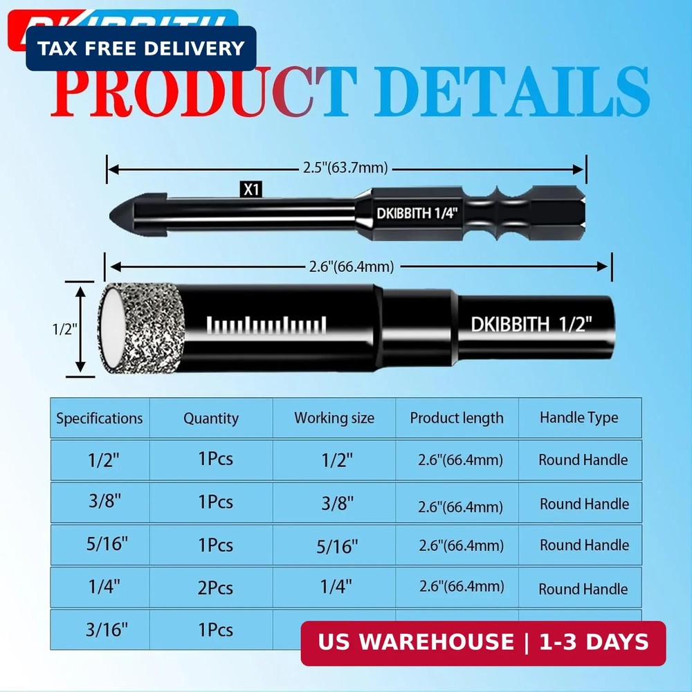 DKIBBITH 7 Pack Dry Diamond Drill Bits & Tile Drill Bits Set for Ceramic, Porcel