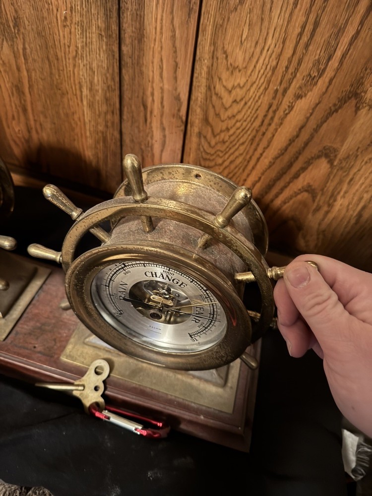 Salem Ship Bells Nautical Clock and Barometer on Stand - Solid Brass - WORKS