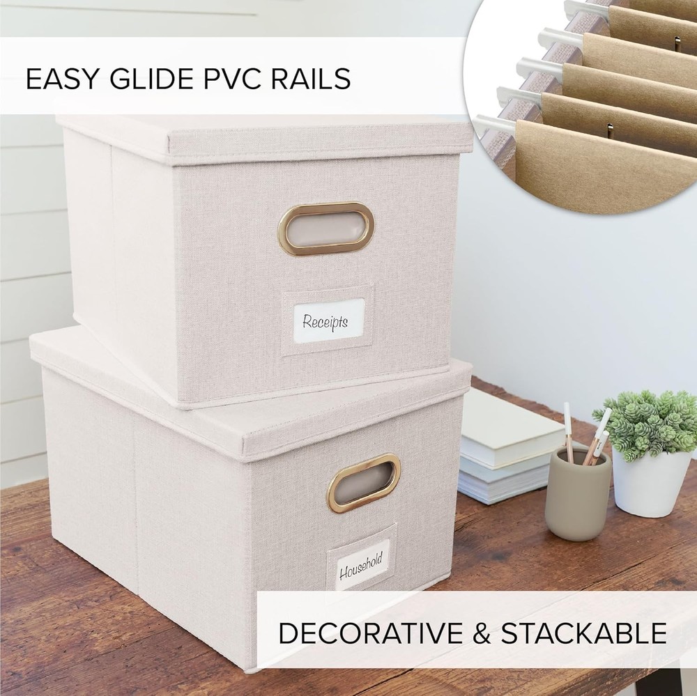 Decorative Document Storage Box Set (2-Piece) — Easy-Slide Lidded Storage Boxes