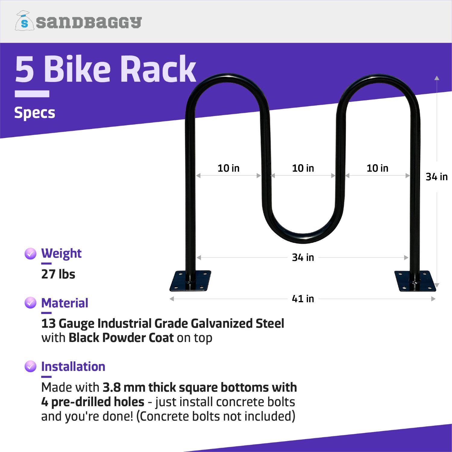 Sandbaggy Commercial Dual Loop Wave Bike Racks - In Ground - 5 Bike Capacity