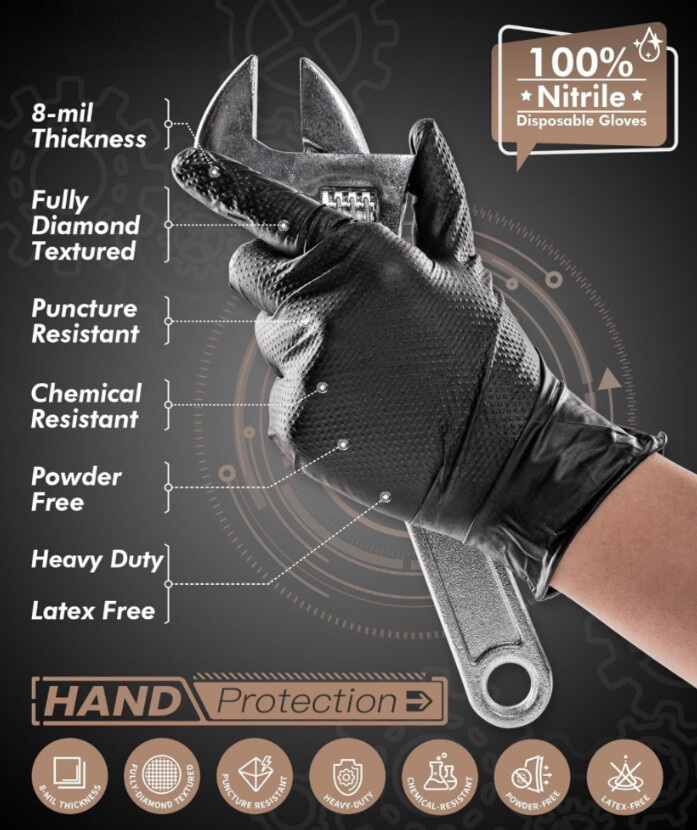 Black/Orange Nitrile Disposable Gloves 6 Mil Raised Diamond Texture | Fast Ship