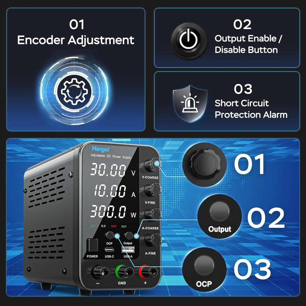 30V 10A Adjustable Bench Power Supply with Encoder Coarse & Fine Adjustment Knob