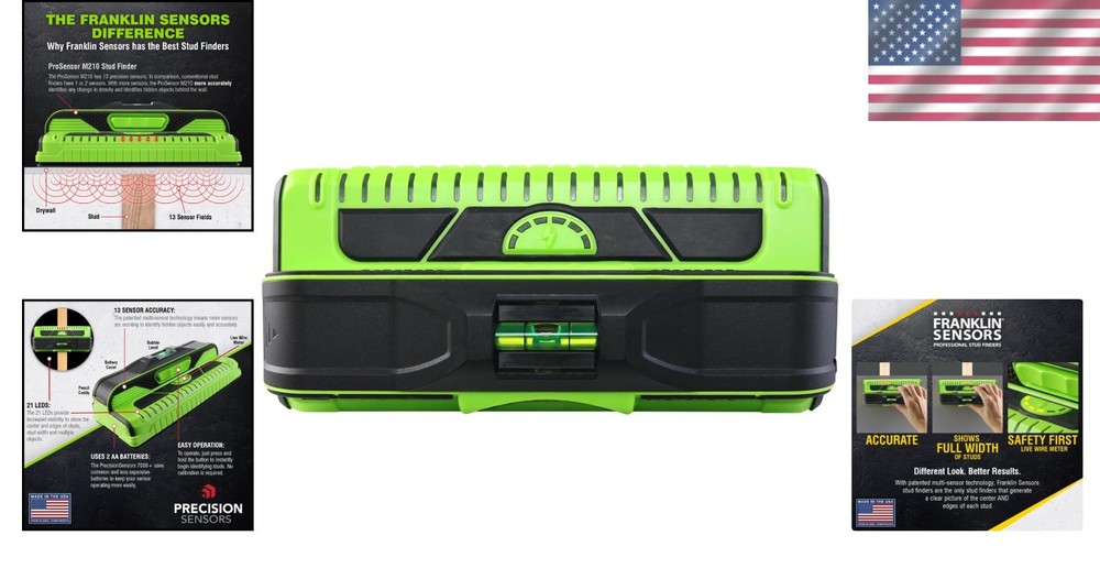 Durable ProSensor M210 Stud Finder Green Wall Scanner with Live Wire Detection