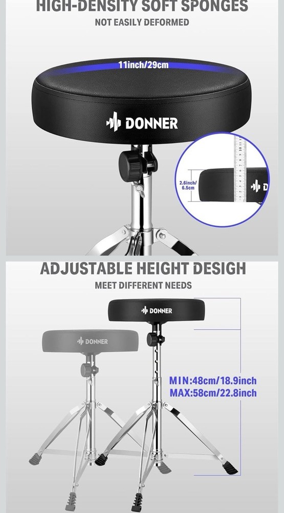 Donner Drum Throne Set Padded Seat Height Adjustable Drum Stools Drumsticks
