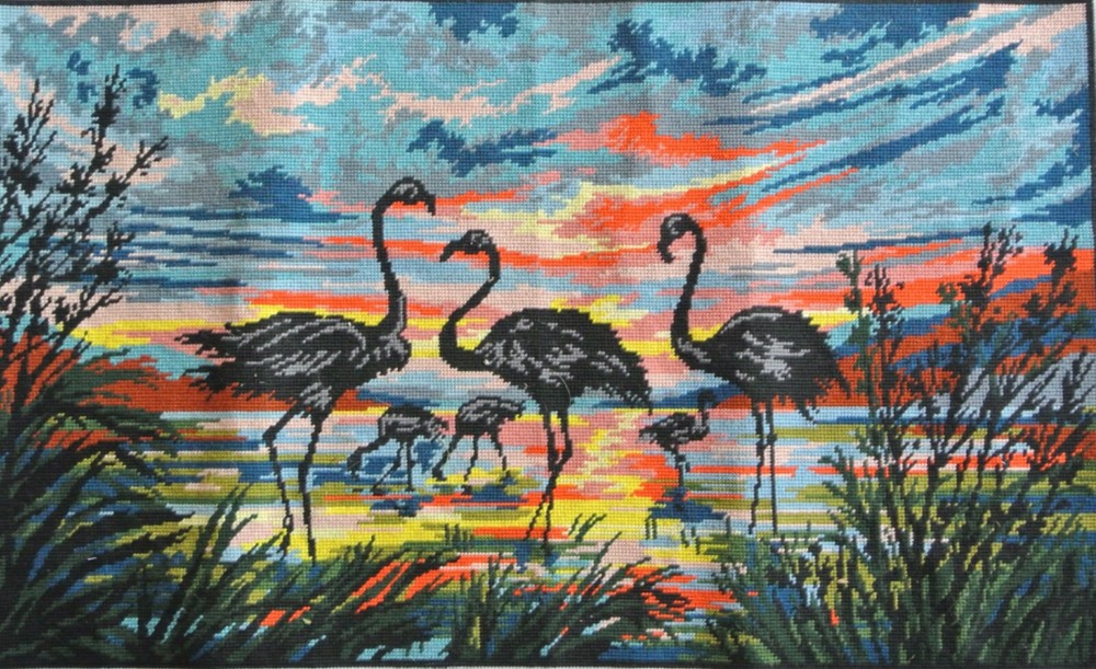 Flamingos in Sunset Completed Needlepoint Vintage