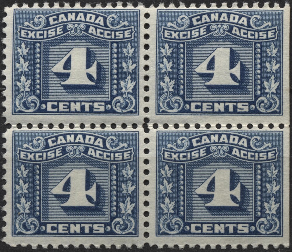 Canada 1934 VanDam #FX65 4c blue, Excise Stamp, three leaf, block 4, MNH