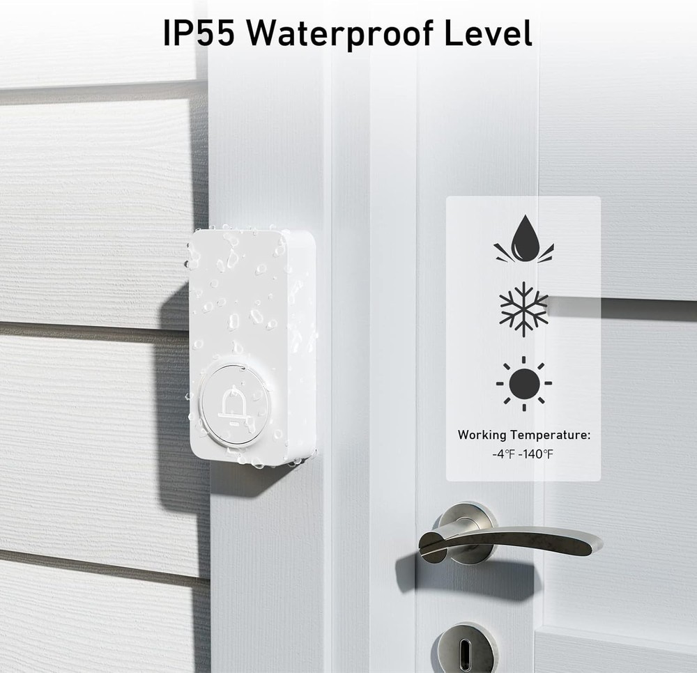 Wireless Doorbell - 2 Receivers, 1000ft Range, Adjustable Volume, White