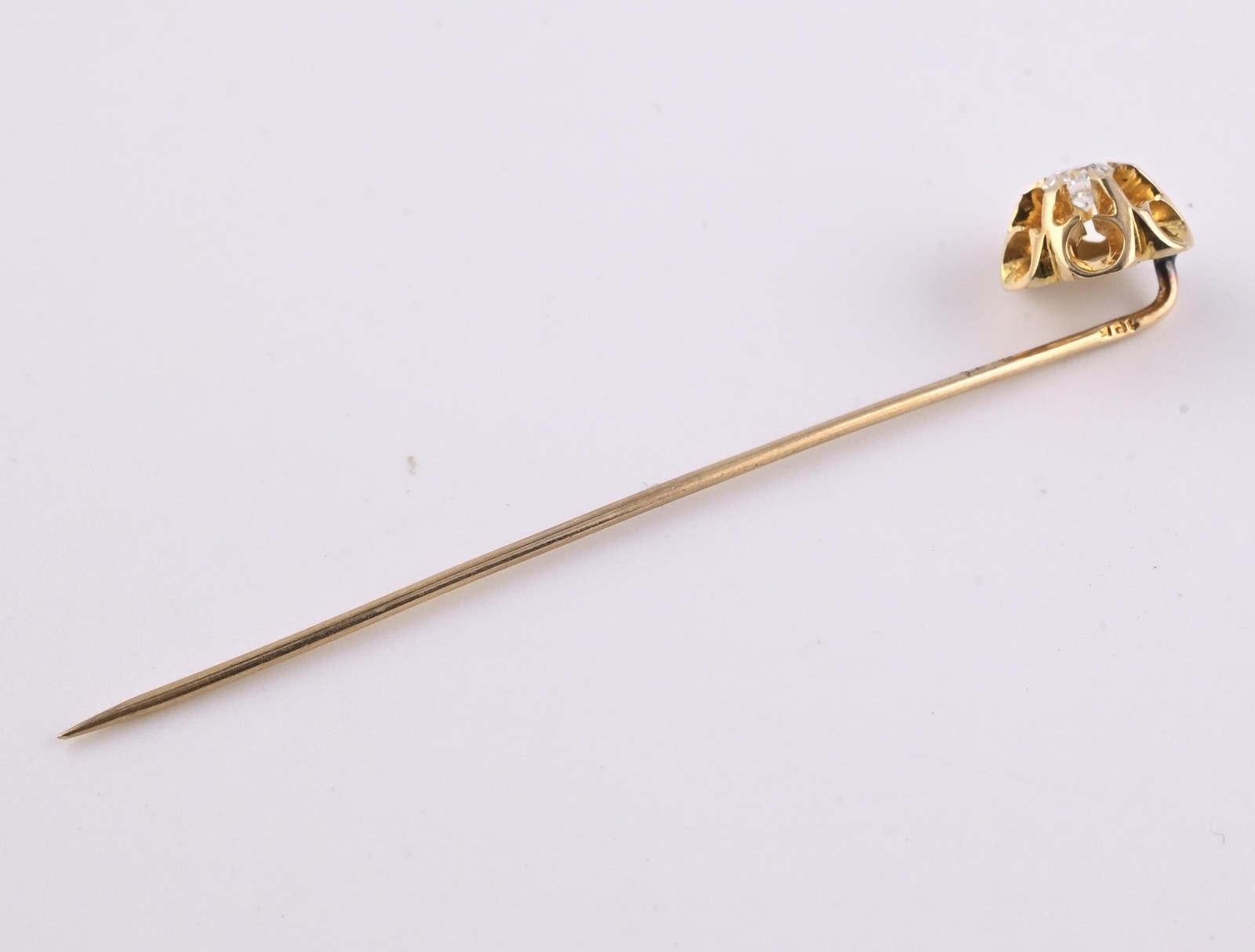 Antique 10K Yellow Gold Diamond Stick Pin Old Euro Old Mine Cut Lapel Tie Pin