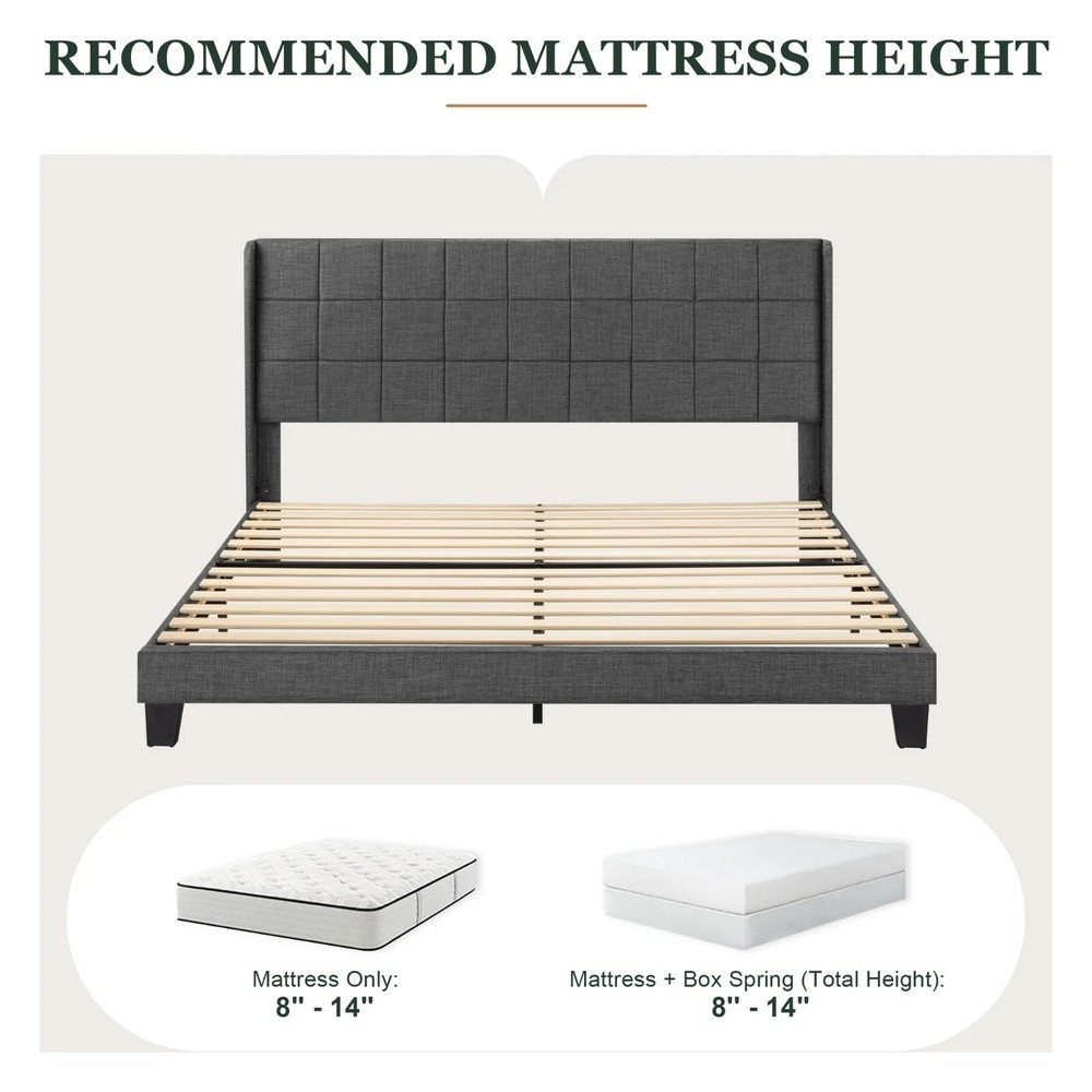 King Sized Platform Bed with Wingback Headboard. Square Stitched Style,Dark Grey
