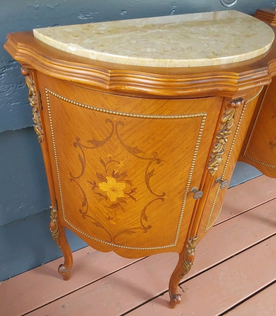 Vintage French Demilune Inlayed Wood End Tables w/Marble Tops 30 Tall X 23" Wide