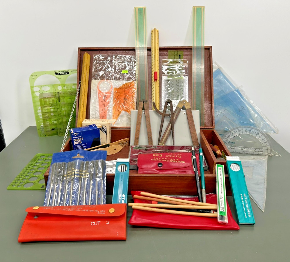 LARGE VINTAGE Tool Lot: Drafting Instruments, Precision Files, Templates & Case