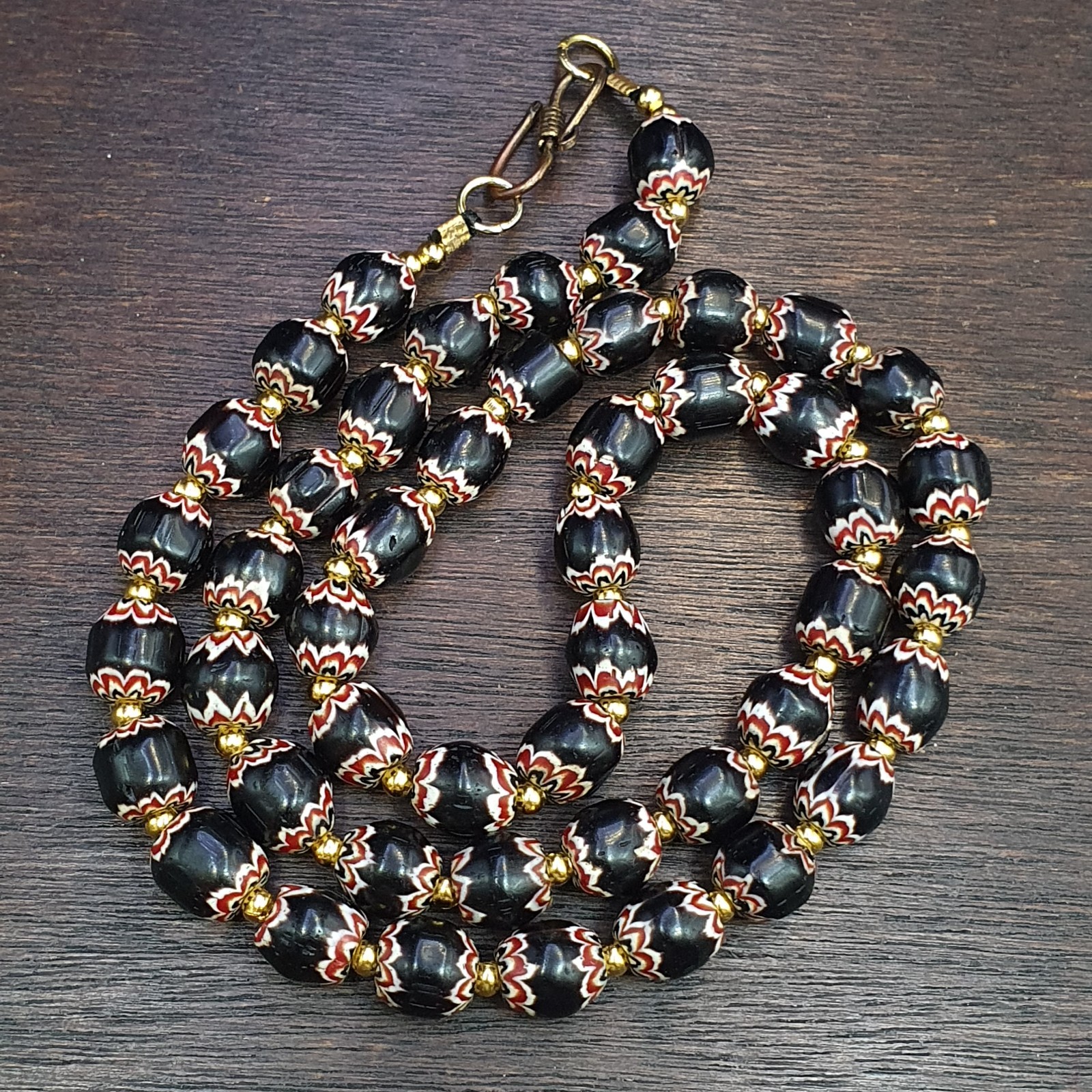 Vintage Venetian Style beads Old African black Glass Chevron Beads Long Strand