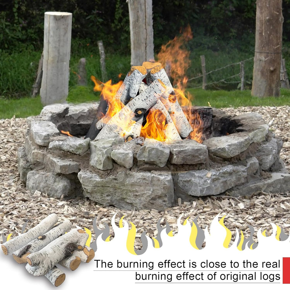 Realistic Birch Ceramic Fireplace Logs - 6 Pack for Fire Pits