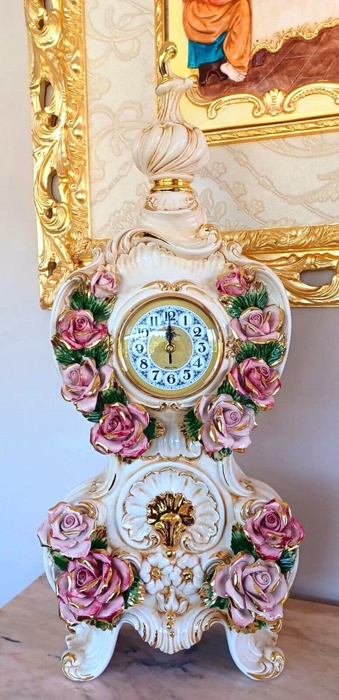 Capodimonte White Gold Rose Ceramic Table Clock Analog 84 Cm