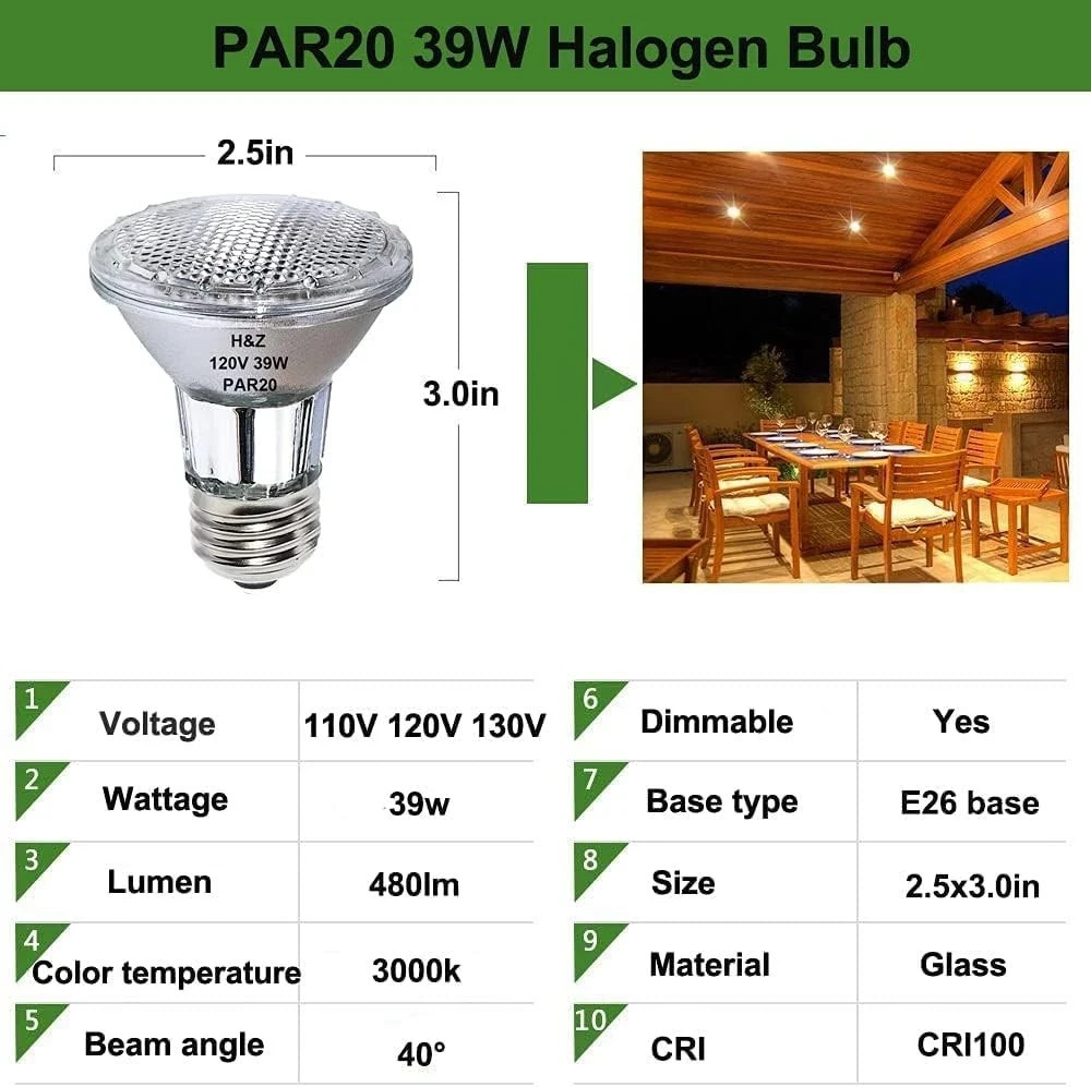 6 Pack H&Z Par20 Short Neck 39W 120V, 3000K Flood Light with E26 Medium Base dim