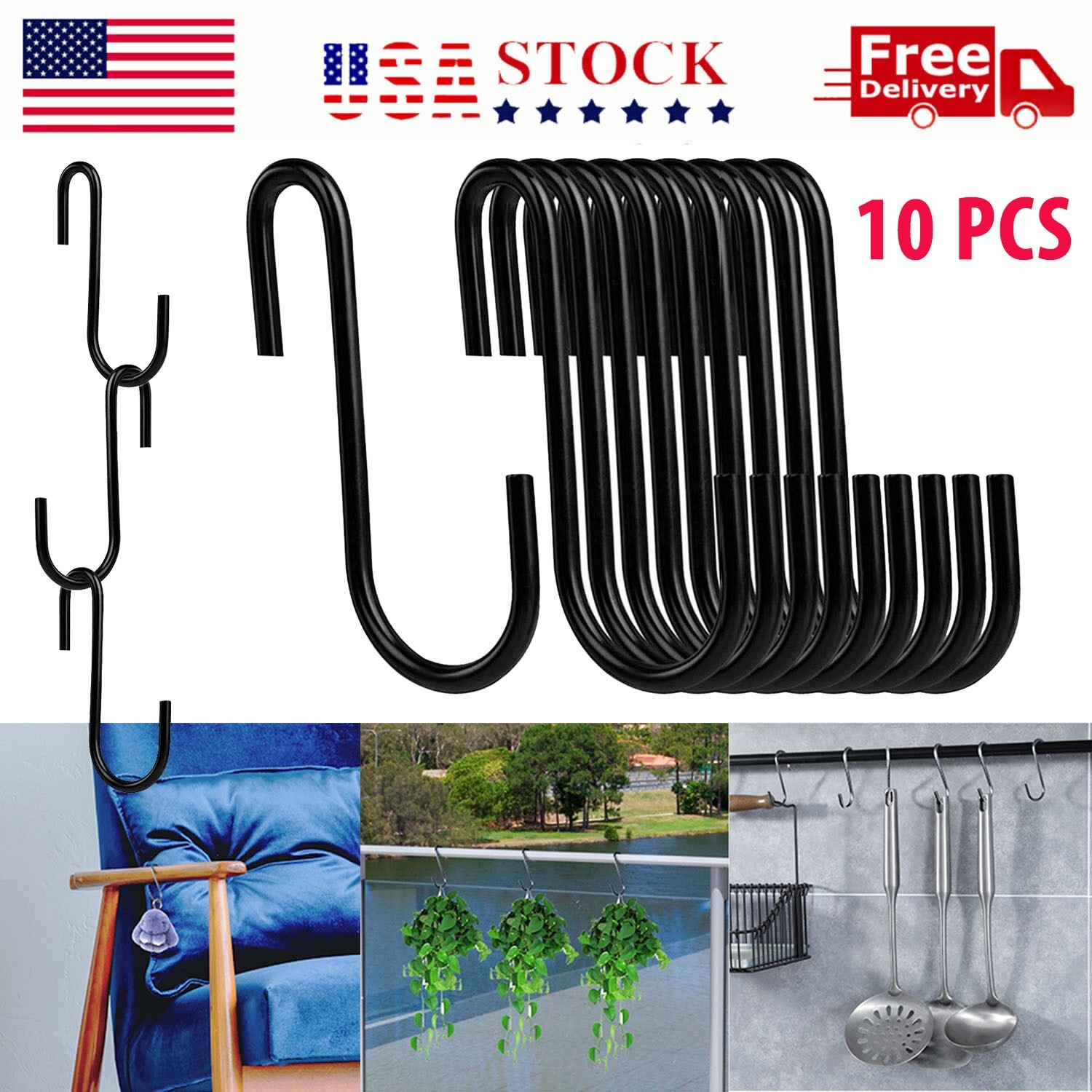 10 PCS Heavy Duty Steel S Shaped Hooks Hanging Hangers Pan Pot Holder Rack