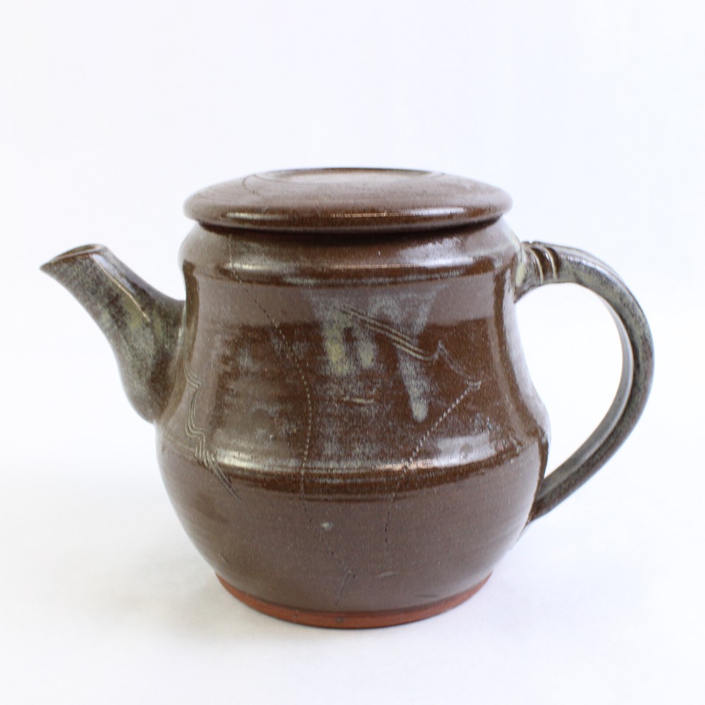 Signed Artisan Brown Teapot w/ Lid Low Fire Ceramic Simple