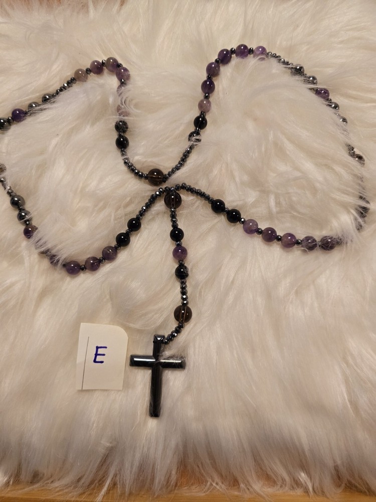 Rosary Natural Crystal Beads , Beautiful Hematite Cross ✝️