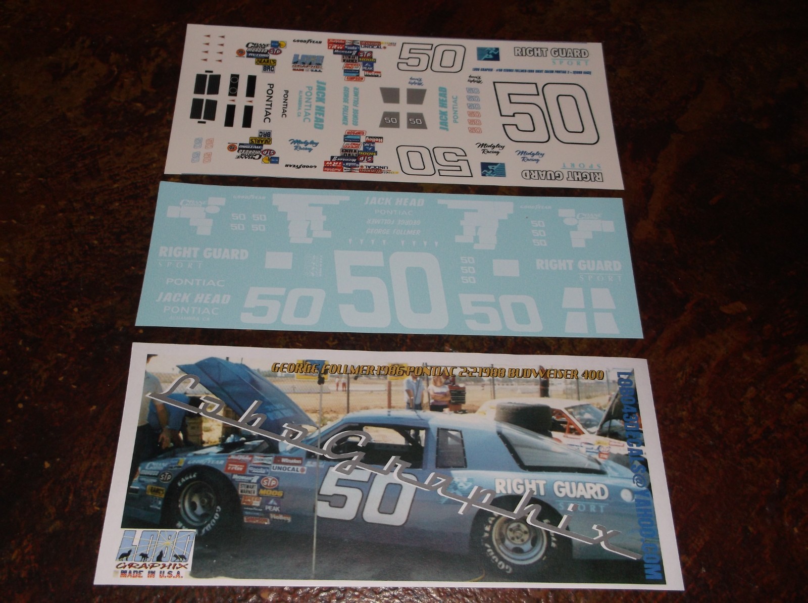 George Follmer 1986 RIGHT GUARD Pontiac  2+2, 1/24/25th scale decals LoboGraphix