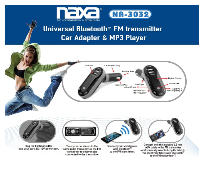 Naxa NA-3032 Bluetooth® FM Transmitter with MP3 Player and USB Charging