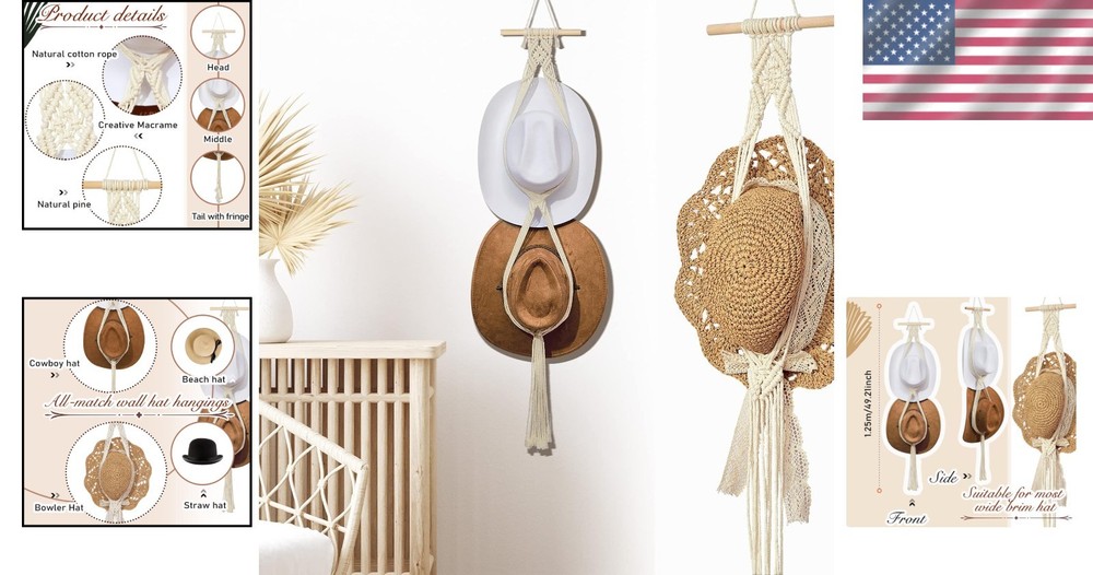 Sturdy White Macrame Hat Hanger – Modern Boho Design for Effortless Hat Storage