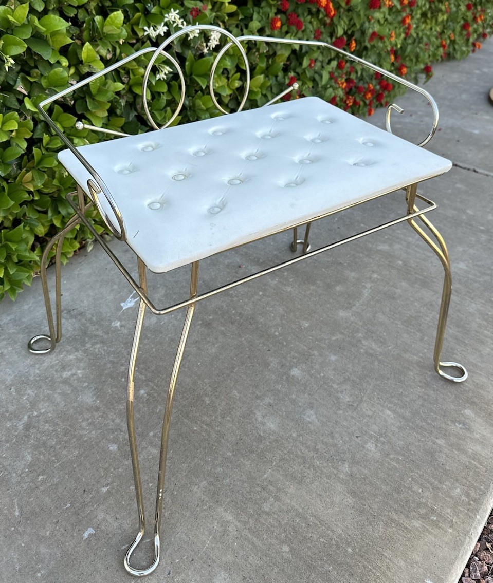 Vanity Bench White Tufted Seat Gold Metal Pearl Wick Vintage Stool