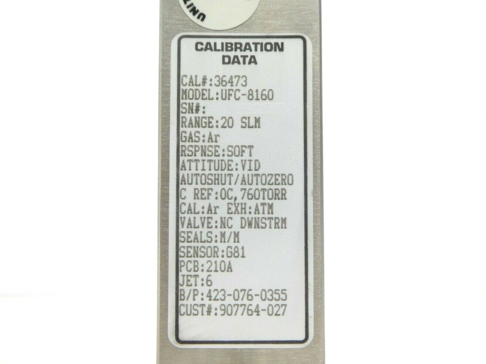 UNIT Instruments UFC-8160 Mass Flow Controller MFC 20 SLM Ar Working Spare