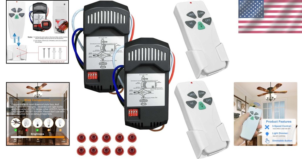 2 Pack Universal Ceiling Fan Remote Control Kits with Light Dimmer - Easy Setup