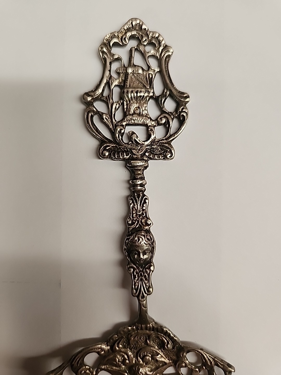 Antique Dutch Silver Tea Strainer / Spoon - Windmill & Ship Finial - 30.74g , 6"