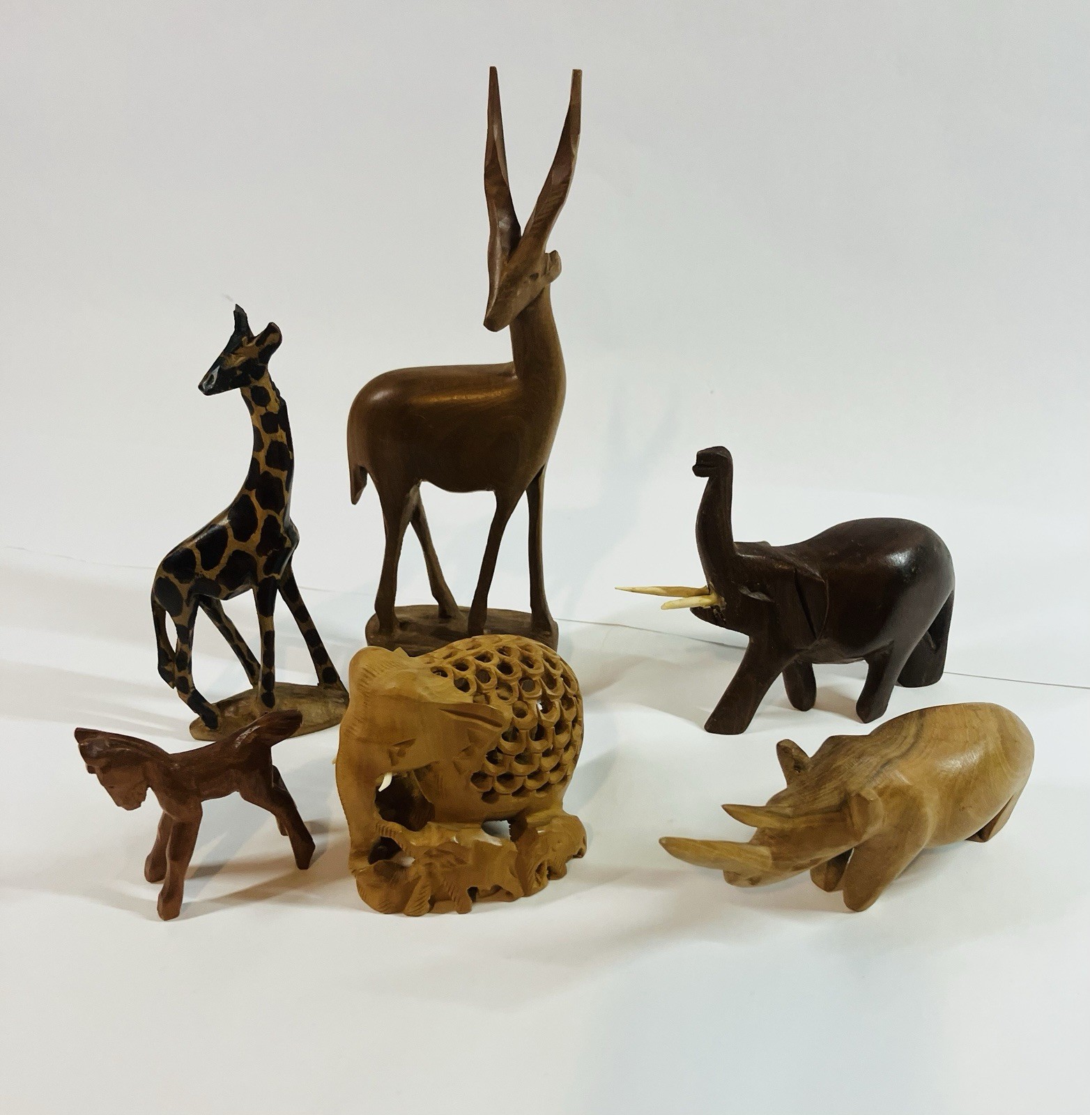 Mid Century Hand Carved Wood Animal Figurines African Folk Art Set Of 6