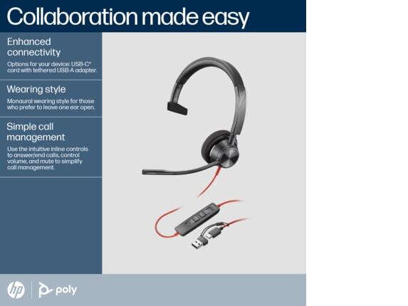Poly Blackwire 3310 Monaural Microsoft Teams Certified USB-C Headset +USB-C/A