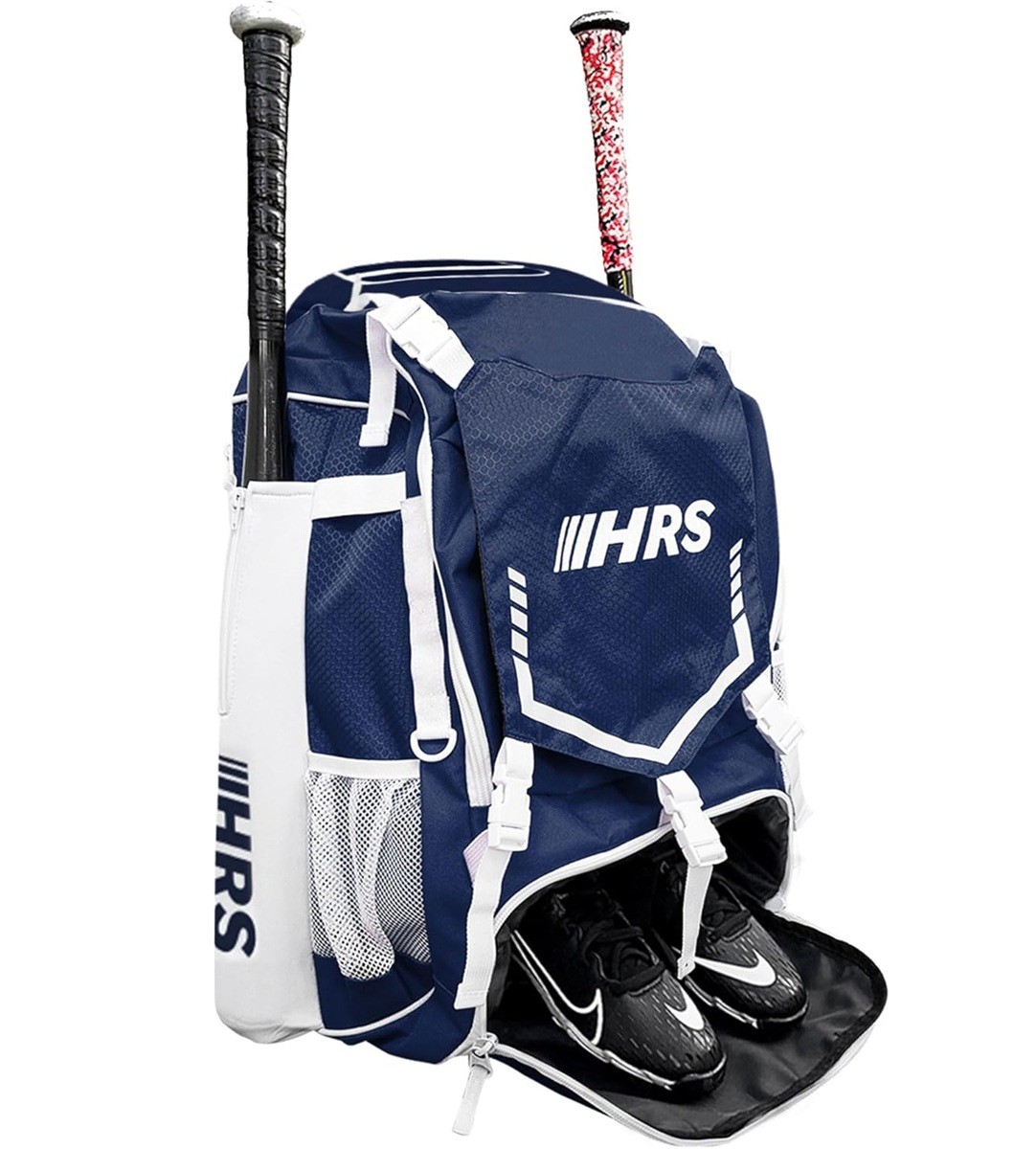Hit Run Steal Bat Bag Backpack Holds 4 Bats Gloves Helmet and Cleats Navy Blue